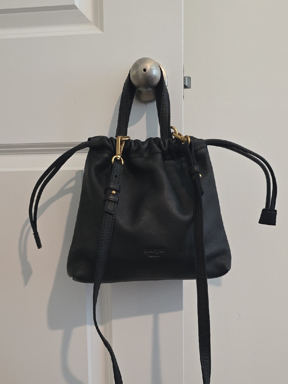 Margot New York Black Leather Drawstring Crossbody Bag